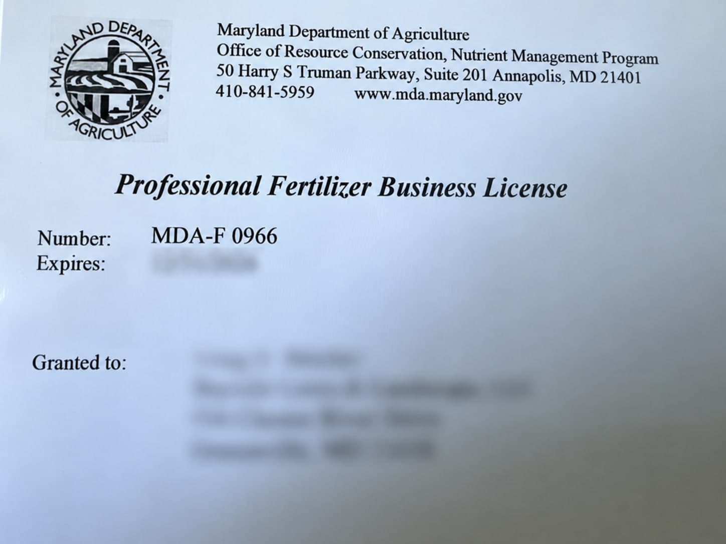 Maryland Department of Agriculture Professional Fertilizer Business License MDA-F 0966 issued to Bayside Lawn and Landscape, LLC
