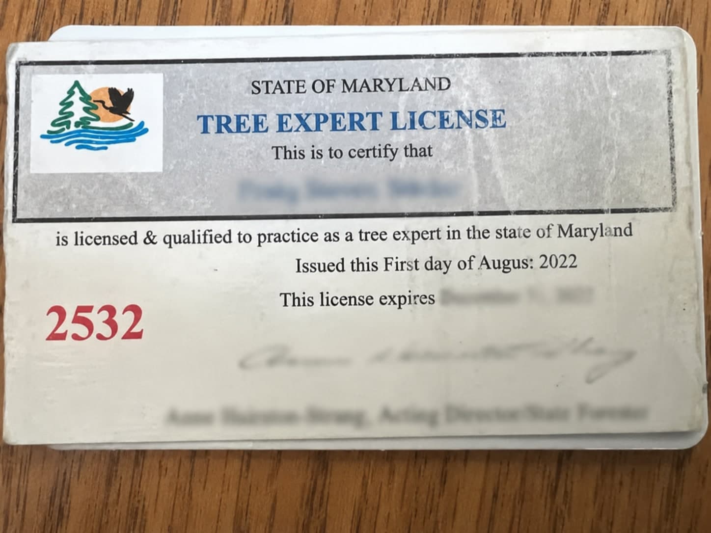 State of Maryland Tree Expert License #2532 issued to Craig Steven Stitcher of Bayside Tree and Landscape