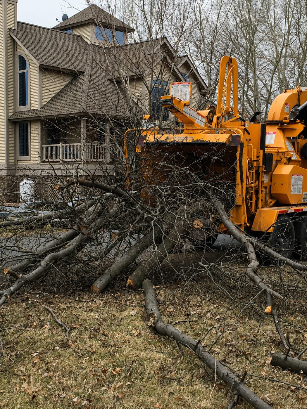 Bayside crew clearing a felled tree with a wood chipper beside an Eastern Shore home