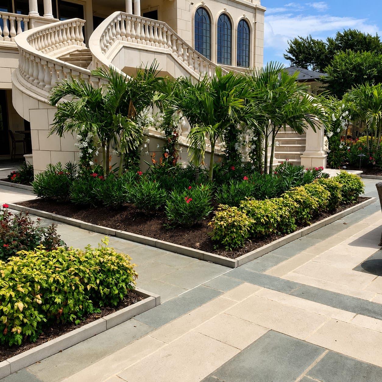 Tropical plantings and stone walkway at a luxury Eastern Shore property