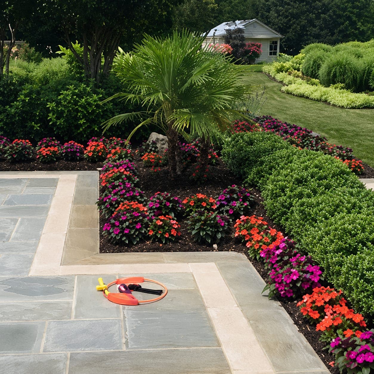 Layered flower beds and paver patio in a professionally landscaped backyard