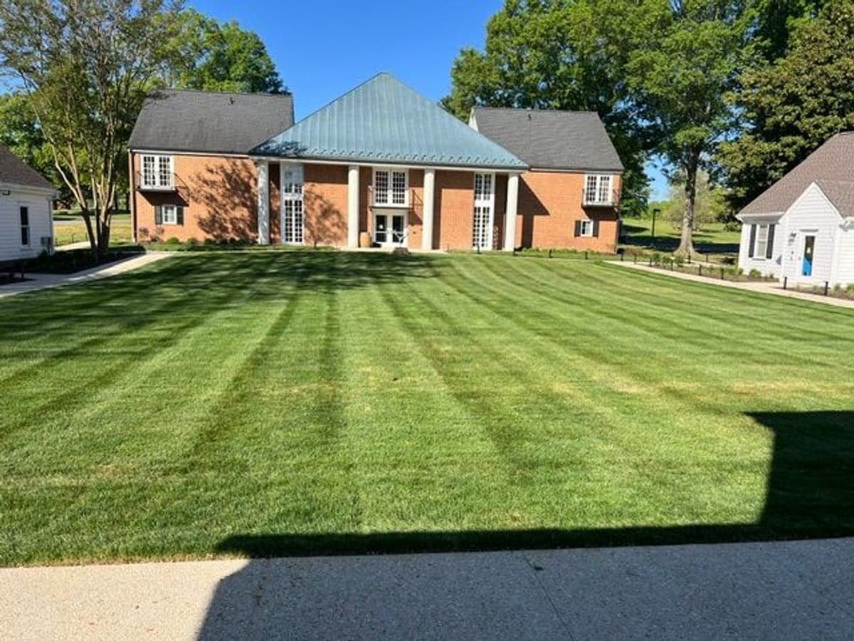 Freshly mowed lawn with crisp mowing stripes in front of a brick Eastern Shore home