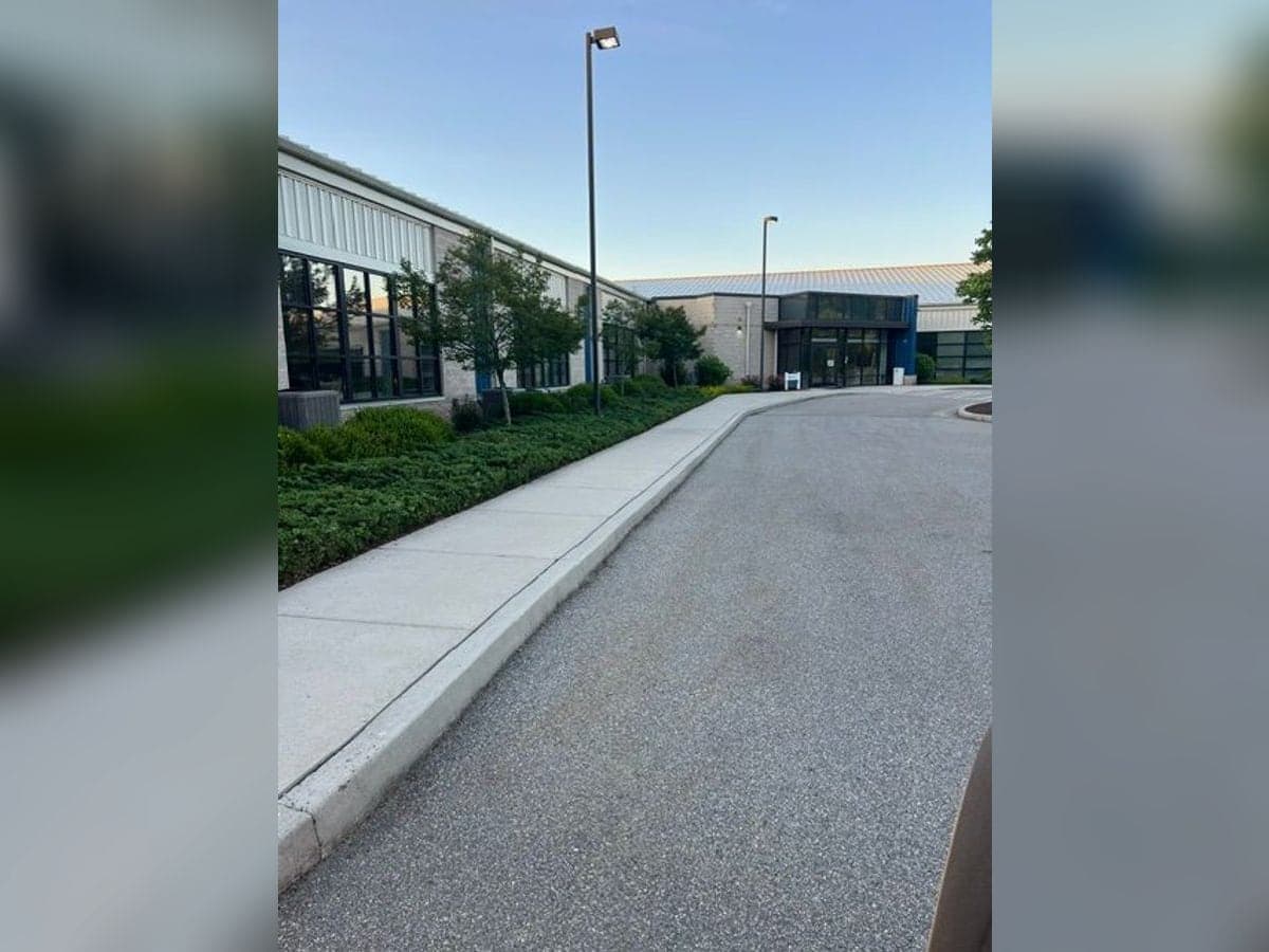 Professionally maintained shrub beds lining the walkway of a commercial property